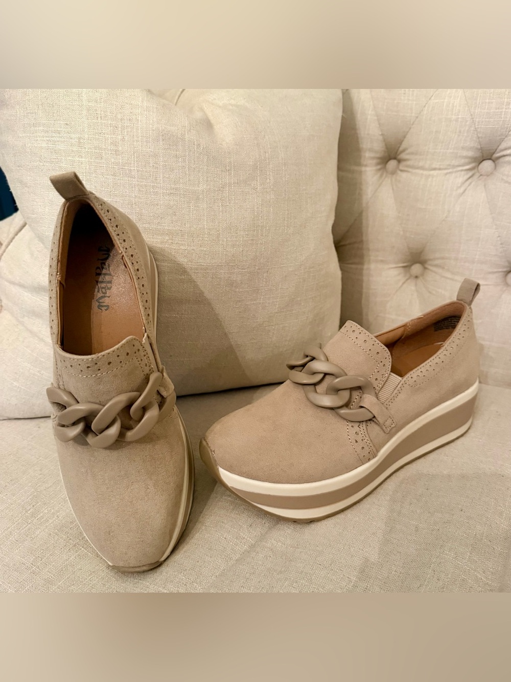 Mad Love Beige Platform Slip-On Liafers with Chunky Chain